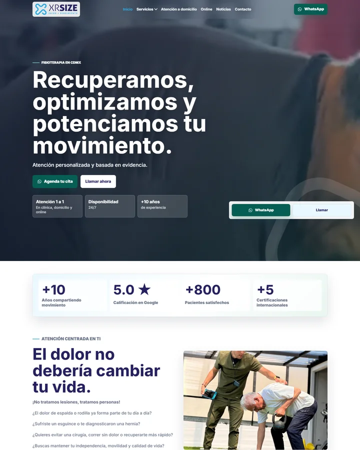 Vista de la página de inicio de XRSize