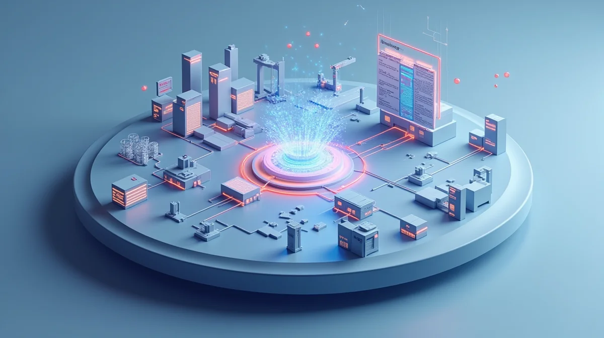Imagen ilustrativa sobre Ilustración que representa el flujo de implementación de schema markup para un producto industrial, con iconos de datos estructurados, certificaciones NOM y resultados en SERP. para el artículo 10 tácticas para optimizar catálogos industriales y SEO 2026
