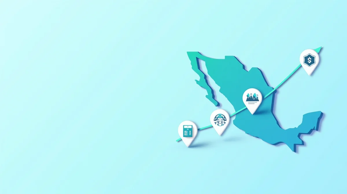 Imagen ilustrativa sobre Ilustración limpia y moderna de un gráfico de crecimiento (ej: línea ascendente con iconos de ventas, leads o clientes) superpuesto a un mapa de México con pines en CDMX, Monterrey y Guadalajara. Estilo minimalista, con colores corporativos (azul, blanco y verde). para el artículo Casos de Éxito WaaS en México: 5 PyMEs que Aumentaron Ventas en 2026