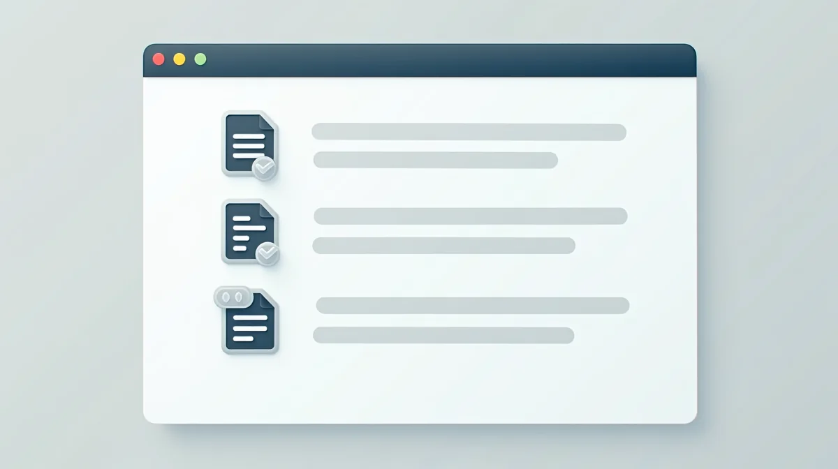 Ilustración limpia que muestra un checklist con íconos de documentos, candado y escudo, representando los pasos de
