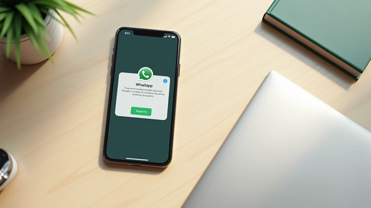 Celular sobre escritorio de madera muestra interfaz de WhatsApp Business con mensaje predefinido listo para enviar