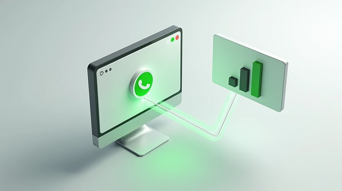 Monitor con botón flotante de WhatsApp en verde (#0fa357), escudo de seguridad HTTPS y panel de gráfico de barras en fondo