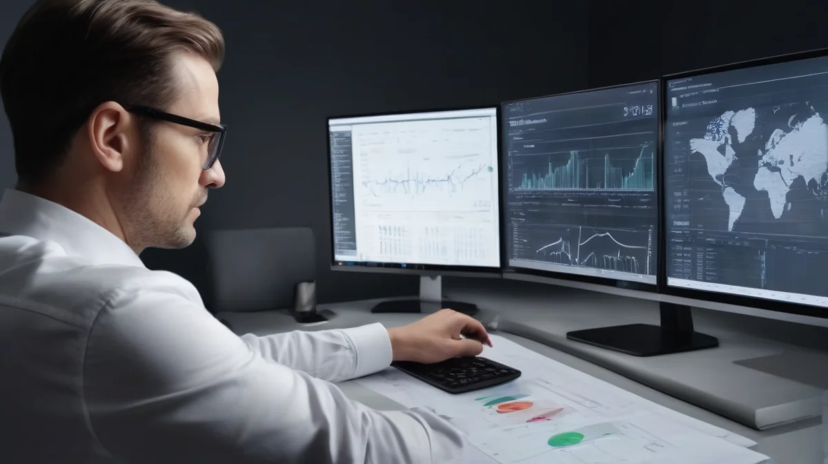 Profesional B2B analiza datos globales en monitores duales. Colores fríos, composición nítida enfocada en análisis y estrategia.