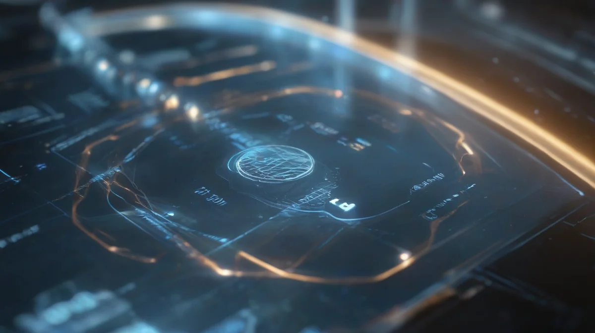 Interfaz futurista con datos holográficos y luces azules y doradas, evocando innovación y tecnología avanzada para negocios B2B.