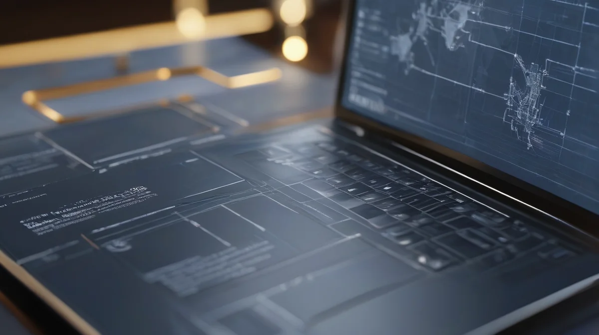 Un portátil moderno muestra esquemas técnicos y código, sugiriendo diseño, desarrollo y estrategia digital B2B.