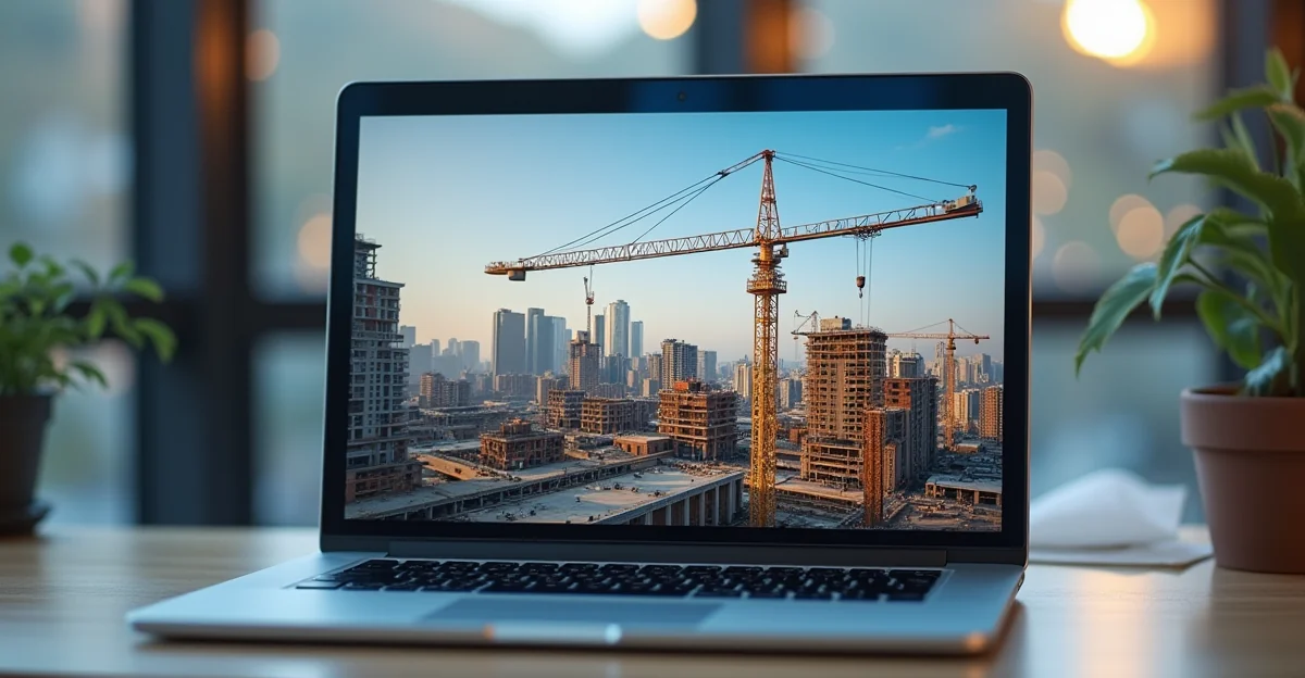 Fotografía de alta calidad de una obra en construcción vista en la pantalla de un laptop, sin texto sobre la imagen