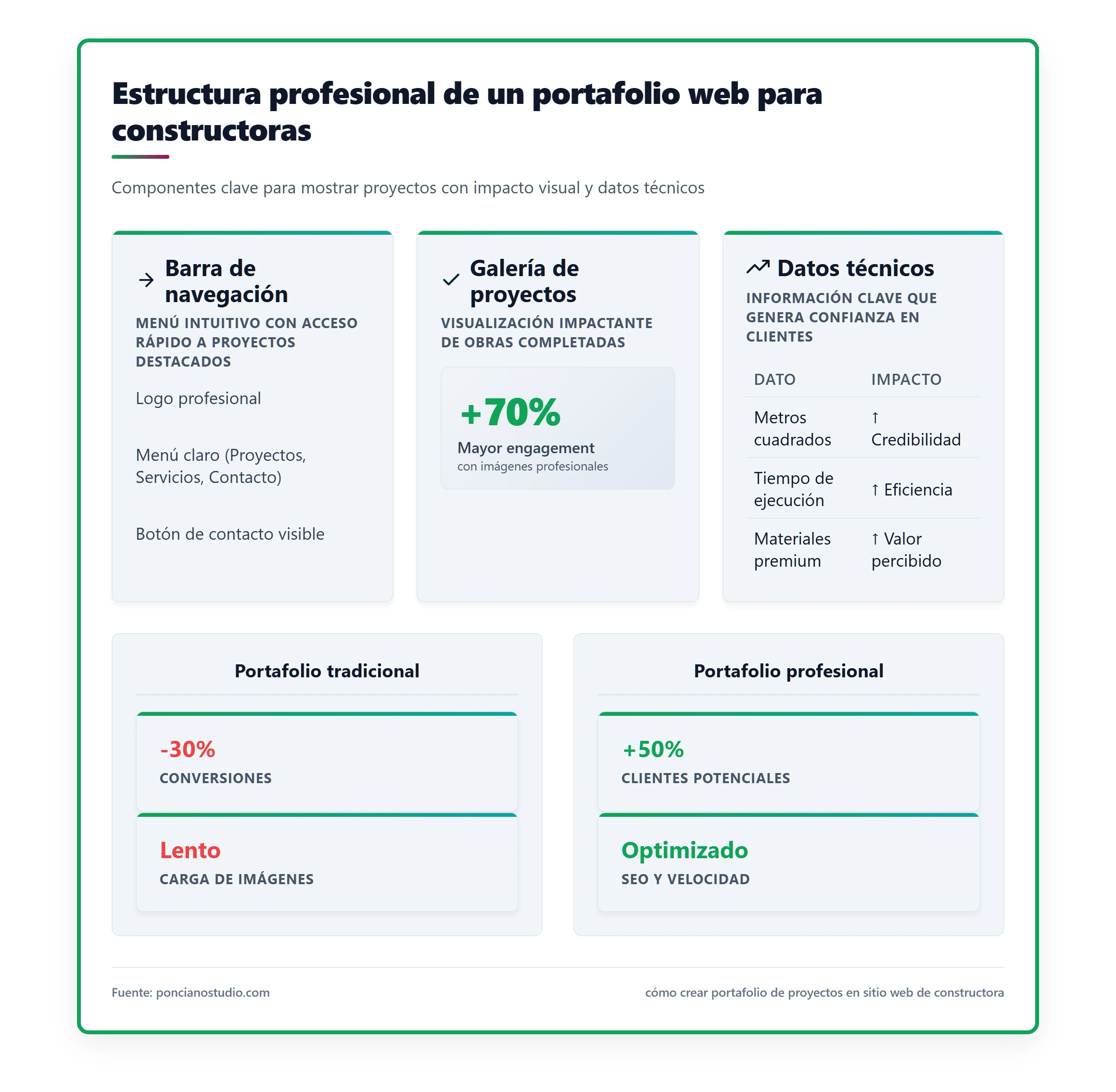 Ilustración que muestra la estructura de un portafolio web: barra de navegación, galería de proyectos y sección de datos