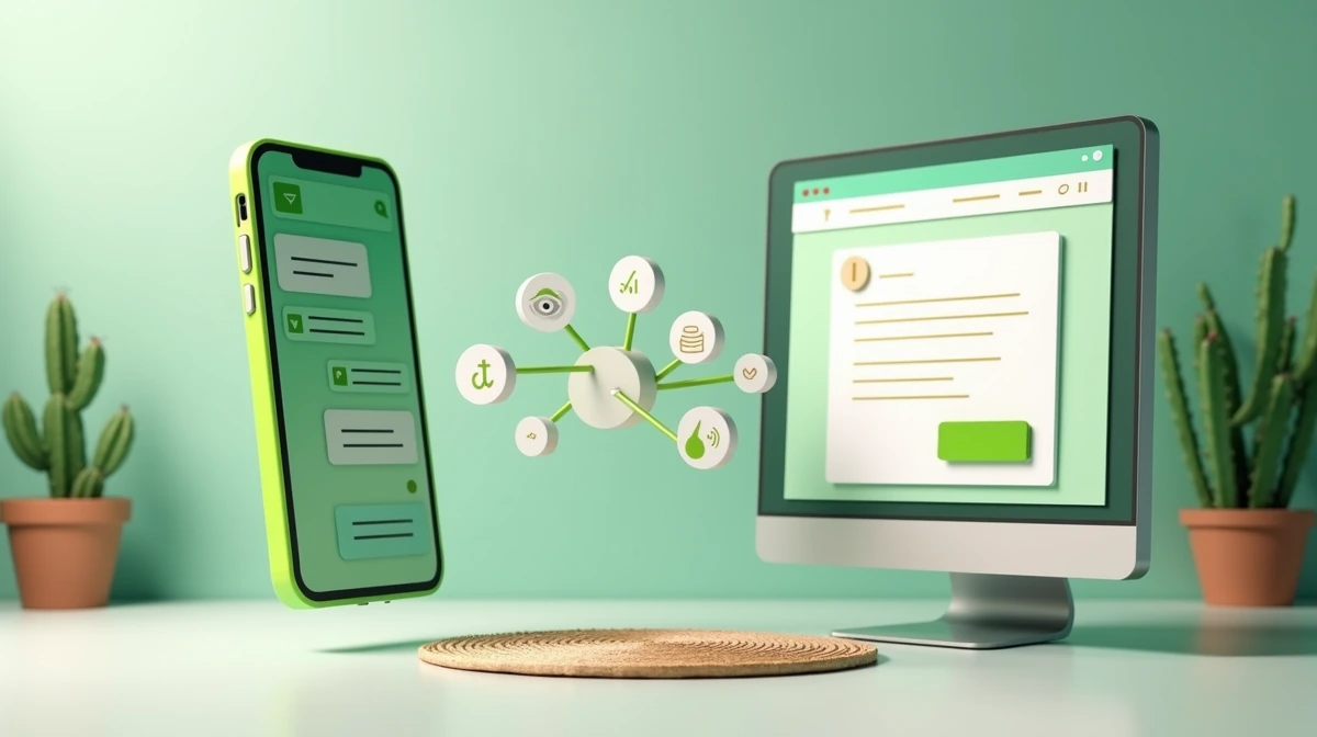 Ilustración isométrica 3D comparando WhatsApp (teléfono verde con burbujas de chat) y formulario web (monitor con campos y