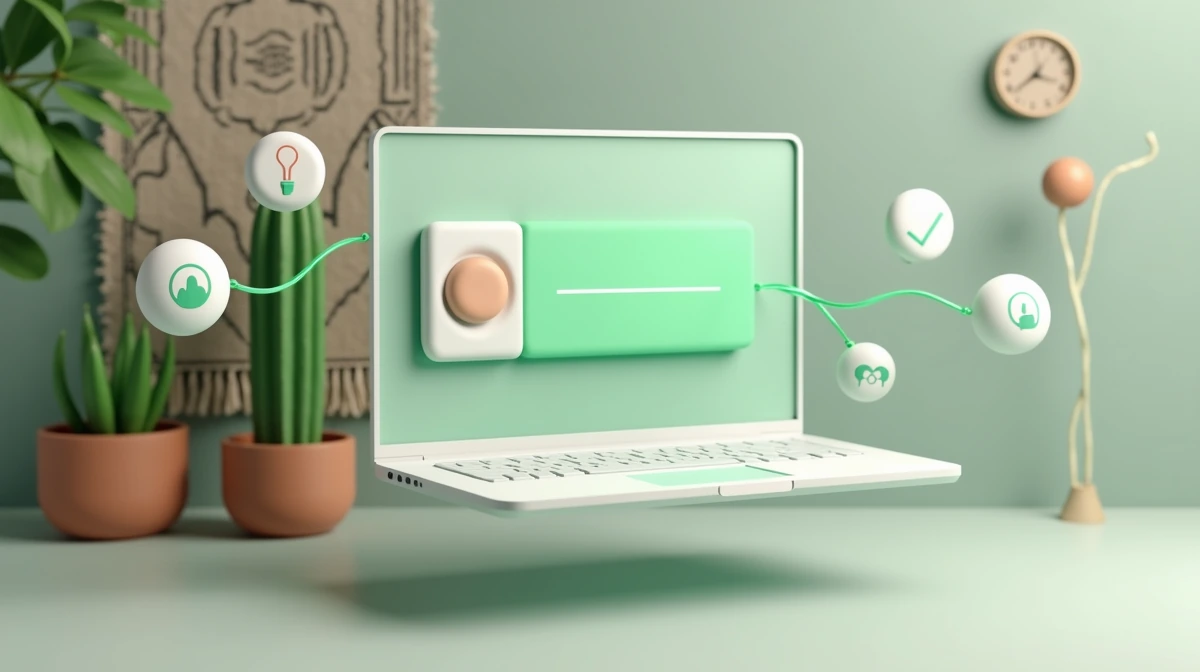 Laptop flotante mostrando página web minimalista con botón verde único y enlace discreto, rodeada de iconos 3D de analítica