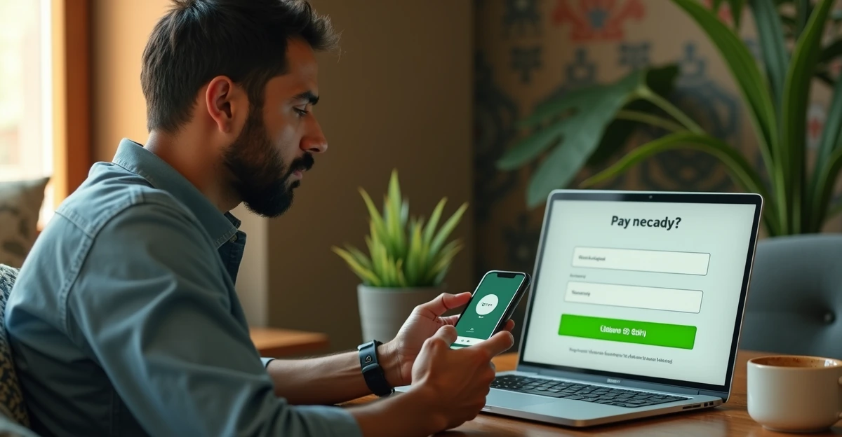 Dueño de pymes mexicano en su 30s elige entre WhatsApp y formulario web en laptop, luz cálida y detalles realistas