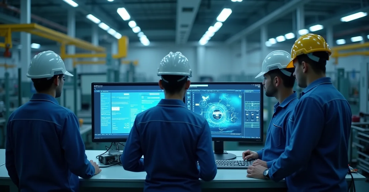 Imagen ilustrativa sobre Fotografía de alta resolución de una planta manufacturera mexicana con operadores frente a pantallas que muestran una interfaz web, sin texto superpuesto. para el artículo Comparativa SaaS vs WaaS para fabricantes: ¿Cuál elegir?