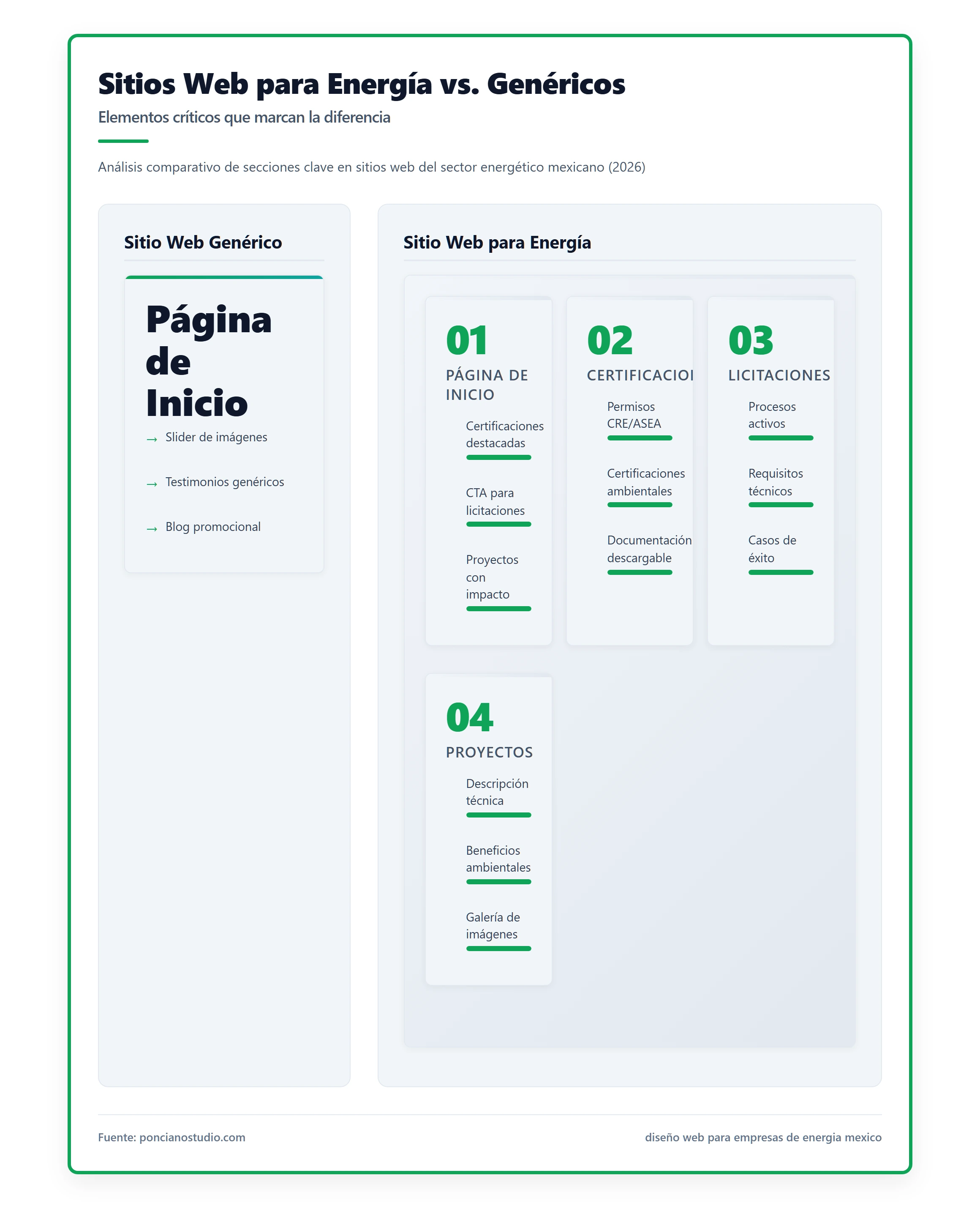 Infografía comparativa de las secciones críticas de un sitio web de energía vs. un sitio web genérico, destacando elementos como normativas, licitaciones y certificaciones.