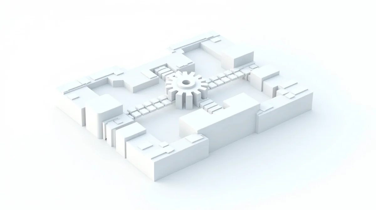 Diseño 3D minimalista en blanco: engranaje central conecta estructuras industriales, simbolizando eficiencia y conexión B2B.