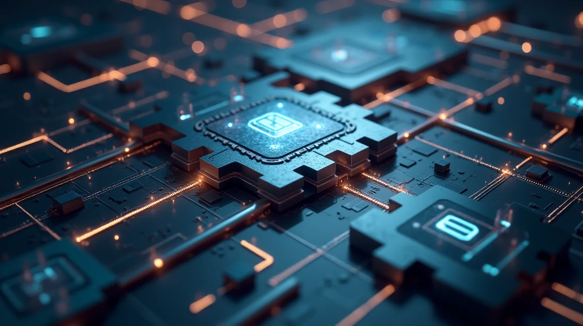Placa de circuito impreso futurista con luces LED azules y naranjas, simbolizando innovación y tecnología avanzada.
