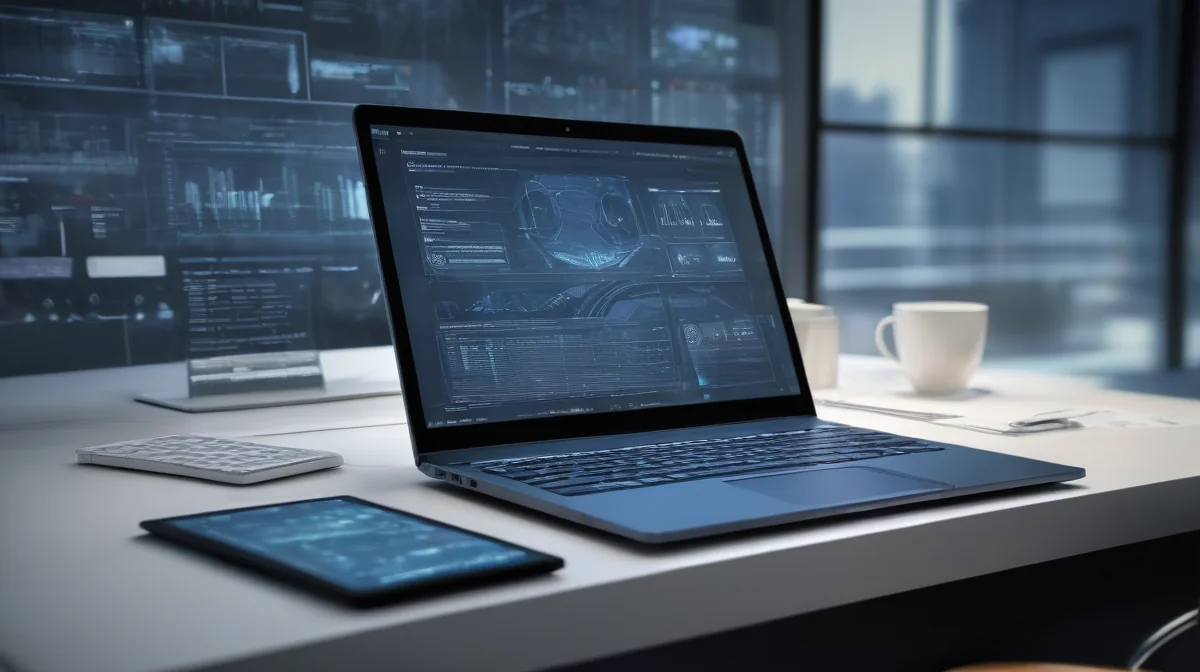 Laptop azul con código y gráficos futuristas, sobre escritorio minimalista con tablet y taza, fondo con pantallas de datos.