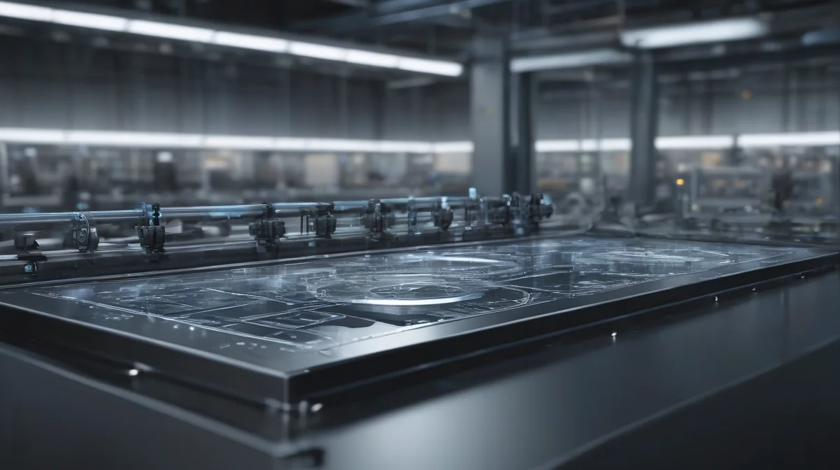 Impresionante diseño de laboratorio futurista con interfaz holográfica y maquinaria de alta tecnología, evocando innovación y precisión industrial.