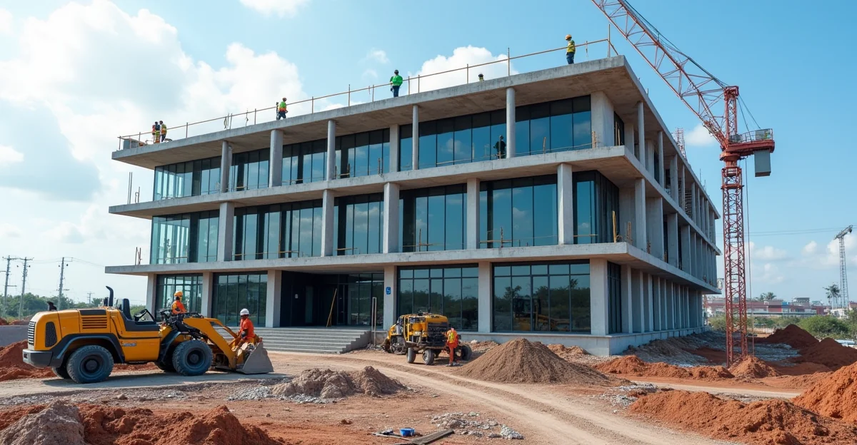 Fotografía de alta calidad que muestre la fachada de una obra de construcción moderna en México, con trabajadores y