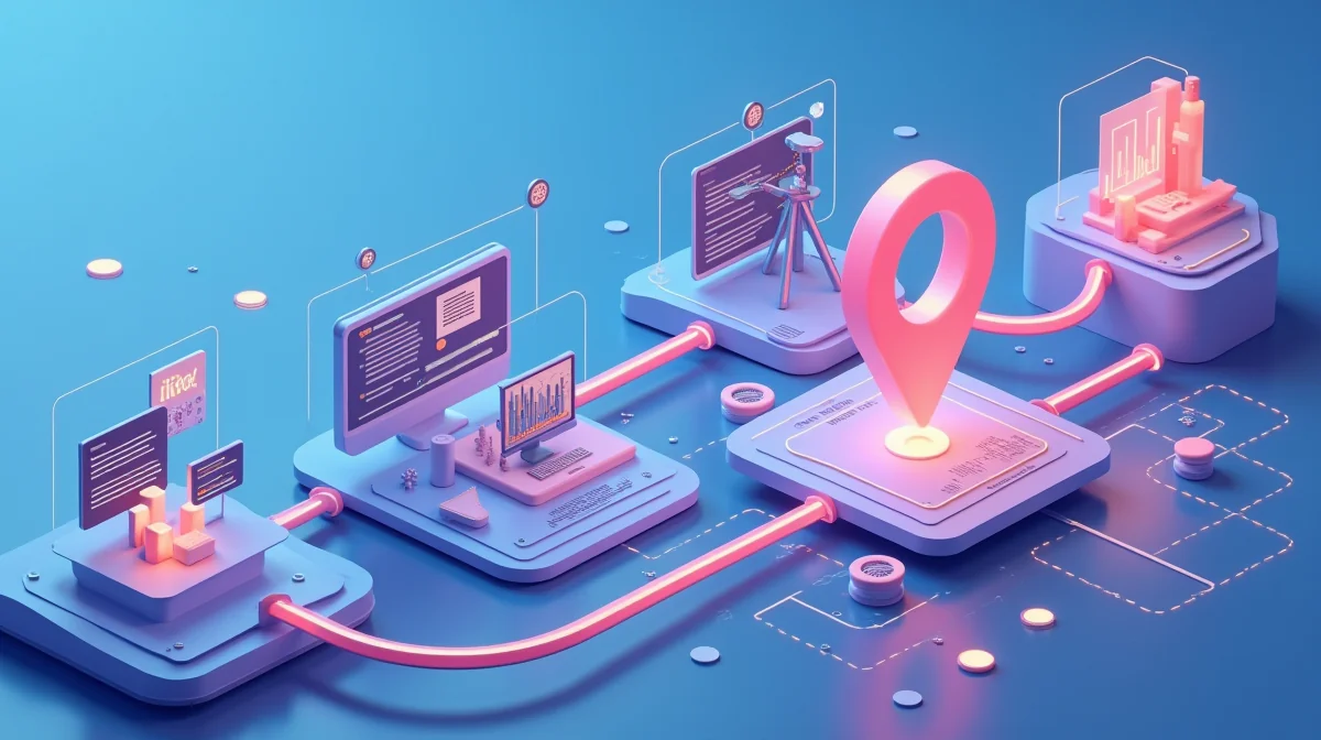 Imagen ilustrativa sobre Ilustración que muestra el flujo de creación de contenido: investigación de keywords, producción de video, publicación y optimización local. para el artículo Estrategias de contenido para dentistas de alta gama: 5 ideas