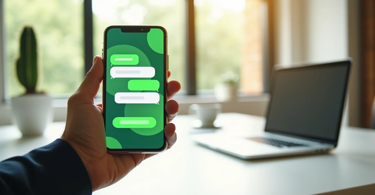 Mano adulta sosteniendo smartphone con interfaz de mensajería y burbujas de chat verdes, botón de acción en verde, en oficina