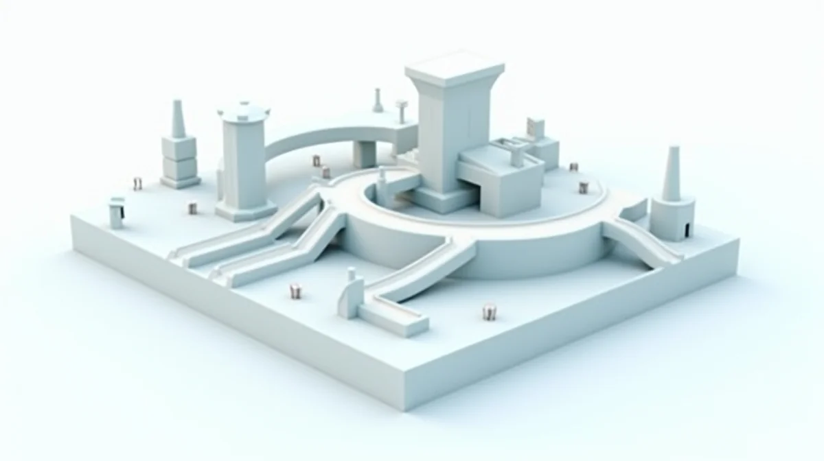 Diseño minimalista 3D: modelo arquitectónico blanco con estructuras geométricas, ideal para branding corporativo B2B.