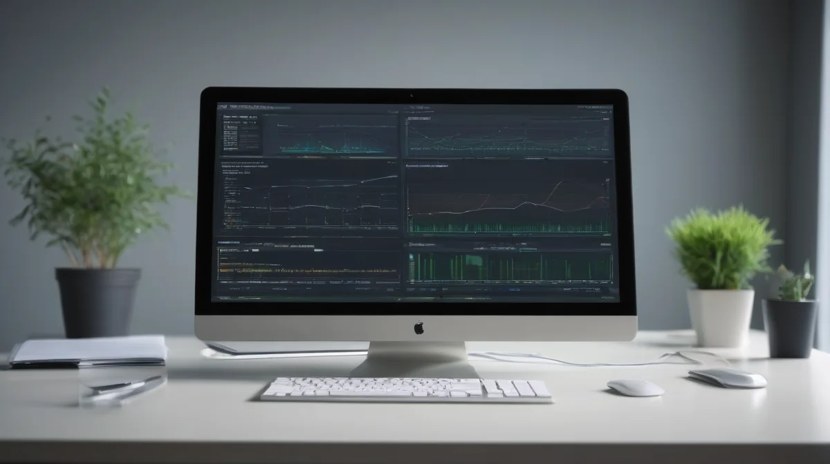 Pantalla iMac con gráficos de datos complejos, sobre un escritorio minimalista. Inspiración B2B para el éxito digital.