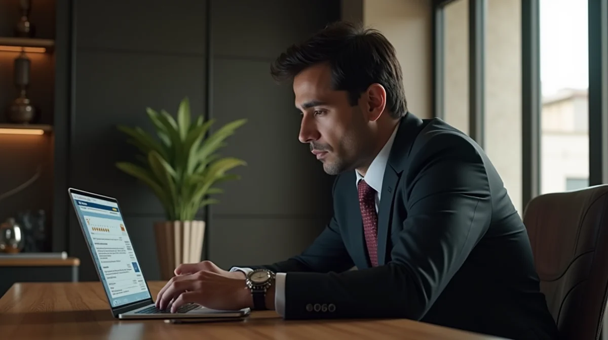 Imagen ilustrativa sobre Fotografía de un abogado en Jalisco actualizando su perfil de Google My Business en una laptop, con un enfoque en la pantalla que muestra la sección de reseñas. para el artículo Guía 2026: Optimizar Google My Business para abogados en México