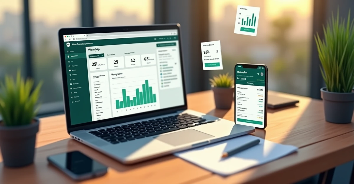 Oficina moderna de pyme mexicana: laptop con dashboard web, smartphone mostrando chat de WhatsApp Business con íconos de