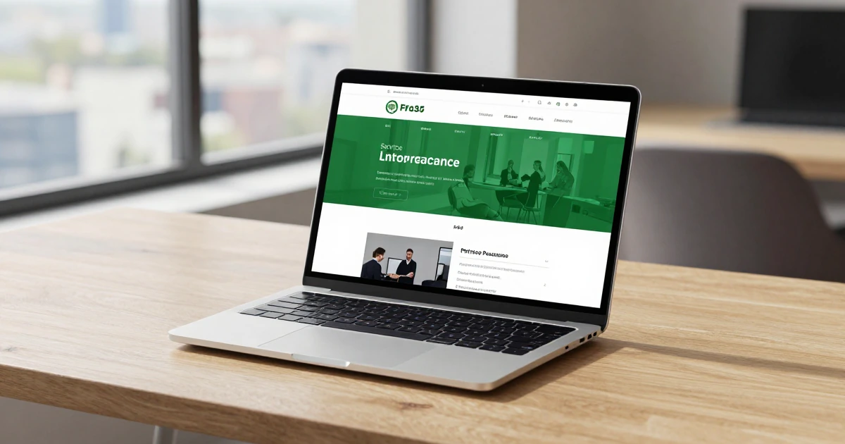 Laptop moderna sobre escritorio de madera mostrando un diseño web profesional con encabezado verde en una oficina iluminada