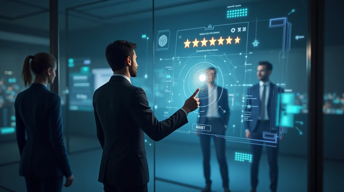 Imagen ilustrativa sobre Ilustración de un cliente corporativo dejando una reseña positiva en una plataforma digital, con elementos gráficos que representan confianza y satisfacción. para el artículo Reseñas para ingeniería: cómo atraer clientes high-ticket en 2026