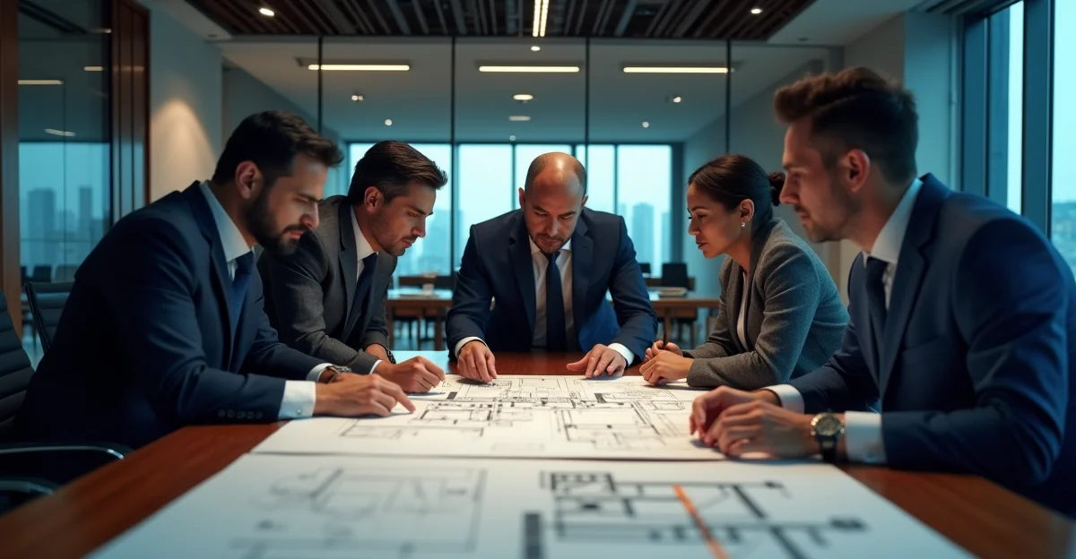 Imagen ilustrativa sobre Fotografía profesional de un equipo de ingenieros revisando planos en una oficina moderna, con un enfoque en colaboración y confianza. Ambientación en Monterrey, Nuevo León. para el artículo Reseñas para ingeniería: cómo atraer clientes high-ticket en 2026
