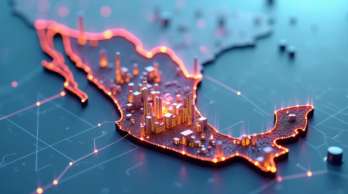 Imagen ilustrativa sobre Ilustración de un mapa de México con iconos de fábricas y centros industriales en CDMX, Monterrey y Guadalajara, resaltando la importancia del SEO local en estas regiones. Incluir elementos como gráficos de crecimiento y conexiones entre empresas. para el artículo SEO Local para Empresas Industriales en México: Guía 2026