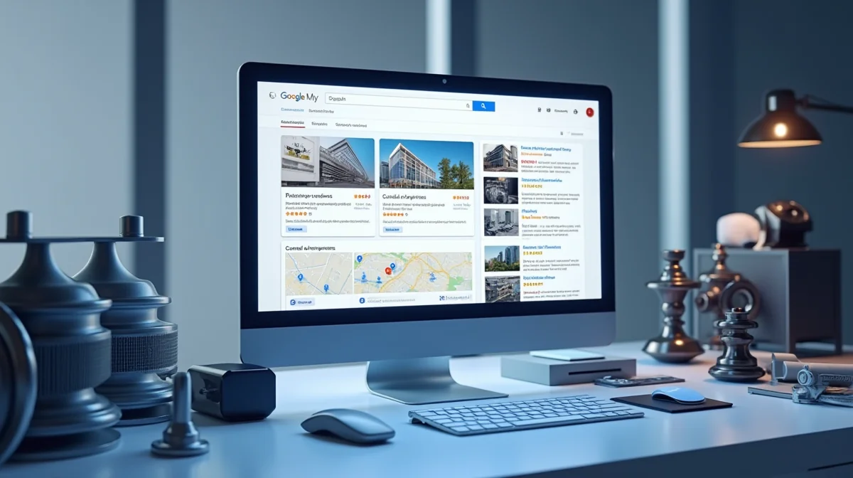 Imagen ilustrativa sobre Fotografía de una pantalla de computadora mostrando el panel de Google My Business con una ficha optimizada para una empresa industrial. Incluir elementos como reseñas, fotos de productos y datos de contacto. para el artículo SEO Local para Empresas Industriales en México: Guía 2026