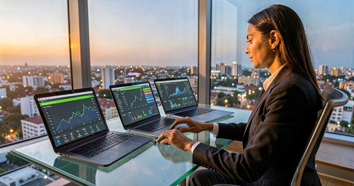 Profesional trabajando en una oficina moderna con vista a una ciudad mexicana al atardecer, analizando datos SEO en pantallas