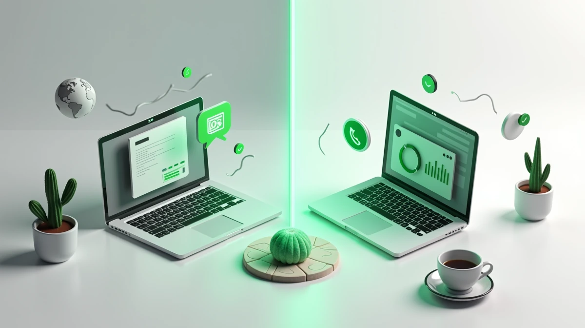 Render isométrico 3D dividido: a la izquierda errores de SEO y WhatsApp (formulario oscuro, globo sin pin, cadena rota); a la