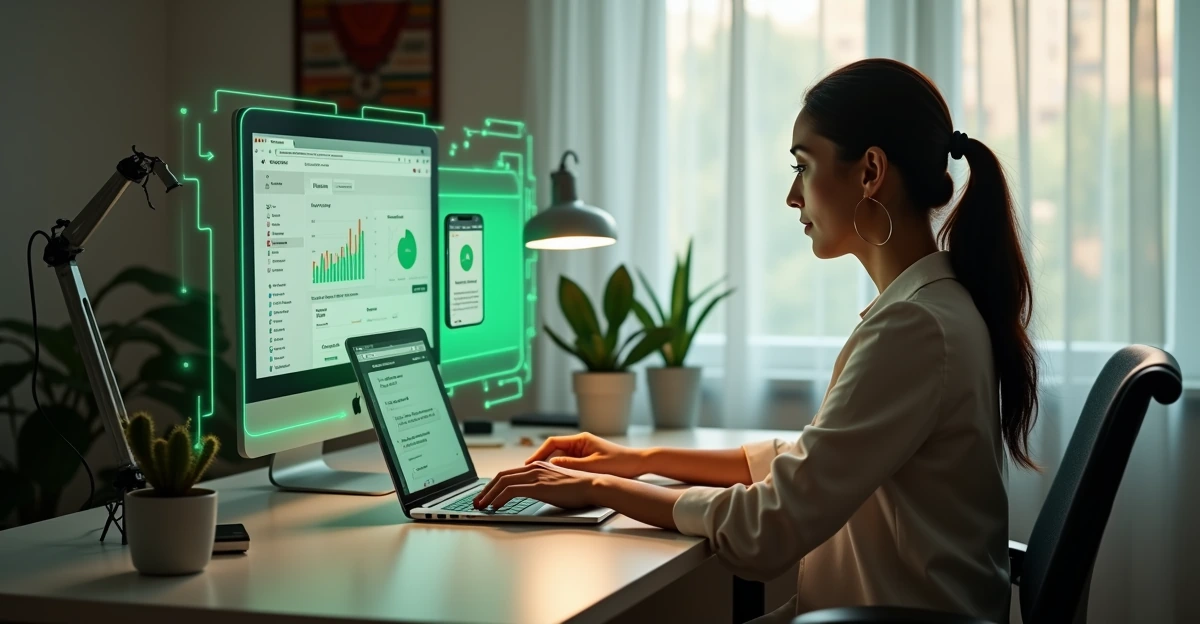 Mujer empresaria mexicana en oficina moderna trabajando en laptop con dashboard SEO y smartphone con chat de WhatsApp