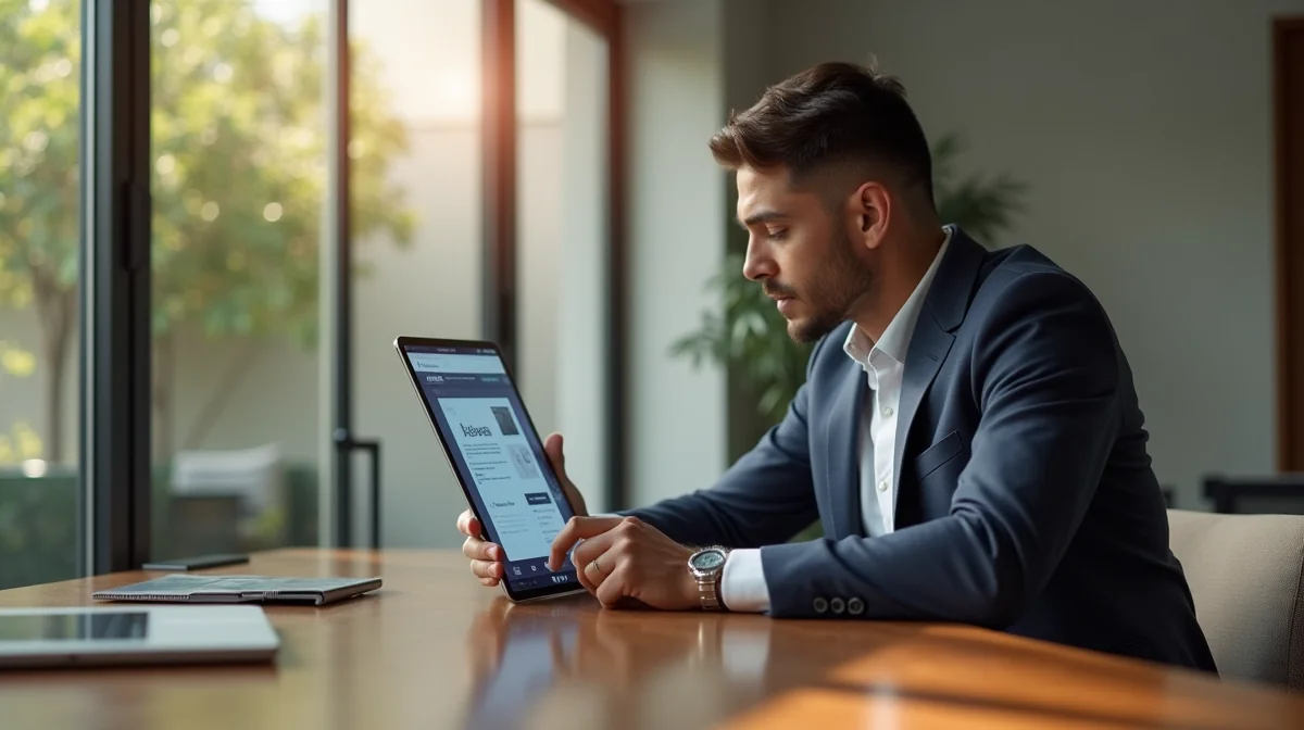 Imagen ilustrativa sobre Fotografía de un empresario mexicano utilizando un sitio web en su tablet, con una interfaz limpia y profesional. Mostrar elementos como un botón de 'Contáctanos' destacado y un diseño responsive adaptado a móviles. para el artículo 5 Ventajas Clave del Diseño Web para Empresas en 2026