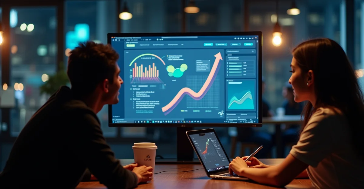 Imagen ilustrativa sobre Fotografía de emprendedores en un espacio de coworking de Ciudad de México, mirando una pantalla con diseños web y gráficos de crecimiento. para el artículo Ventajas modelo sin pago inicial para startups: 5 razones