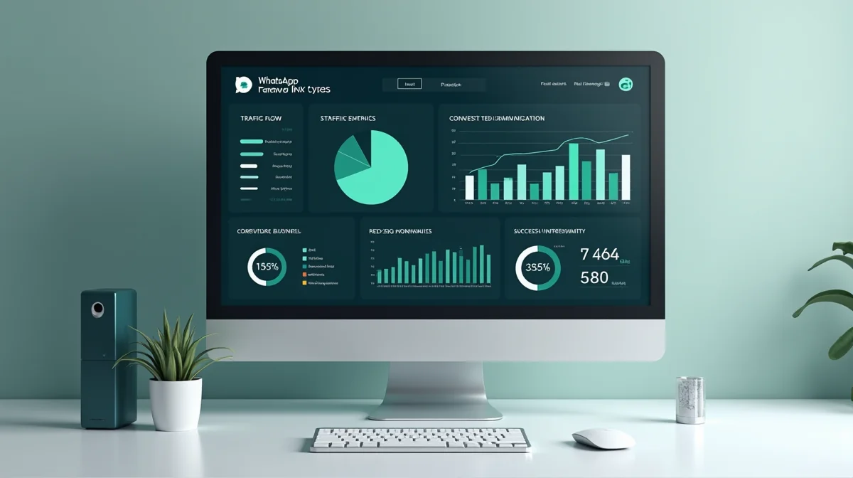 Imagen ilustrativa sobre Fotografía de una pantalla de computadora mostrando un dashboard de un sitio web WaaS con métricas de tráfico y conversiones, junto a un ícono de WhatsApp Business. Fondo limpio y profesional. para el artículo Website as a Service (WaaS) para PyMEs en México 2026