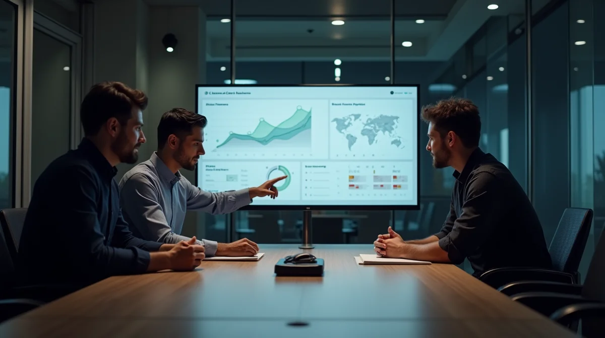 Imagen ilustrativa sobre Fotografía de una reunión de negocios en México donde un equipo discute la flexibilidad de un sitio web, con una pantalla mostrando un dashboard de WaaS. para el artículo WaaS vs Agencia Tradicional: ¿Qué conviene a tu PyME en México 2026?